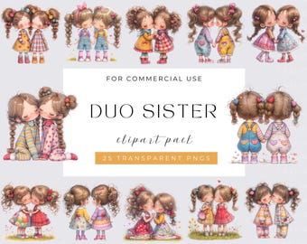 Watercolor Cute Duo Sisters Clipart, Commercial Use, Whimsical girl, Watercolor Quirky Friends Clipart, Instant Download, Paper Craft