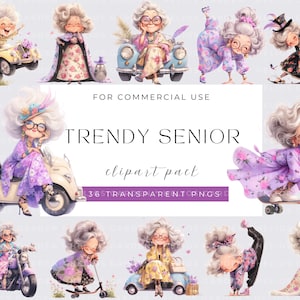 Aquarelle décalée senior clipart, grand-mère vieille dame Clipart Bundle senior confortable grand-mère tendance téléchargement papier artisanat indésirable Journal Scrapbooking