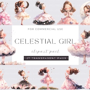 Quirky Girl Clipart, Celestial Girl Clip Art, Cute Girl, Watercolor Mystical Clipart, PNG, Digital Stickers, Commercial Use