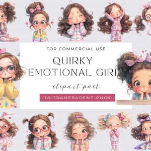Quirky Girl Clipart, Watecolor Whimsical Emotional Girl, PNGs de aquarela, Download instantâneo, Diário de fantasia, Artesanato em papel, Garota fofa