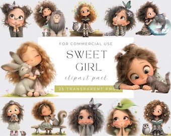Sweet Girl Clipart, Watercolor Whimsical Emotional Girl, Watercolor PNGs, Instant Download, Fantasy Junk Journal, Cute Girl