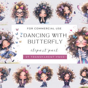 Cute Girl and butterfly Clipart, Watecolor Whimsical Girl, Funny girl, Watercolor PNGs, Instant Download, Junk Journal, Paper Craff