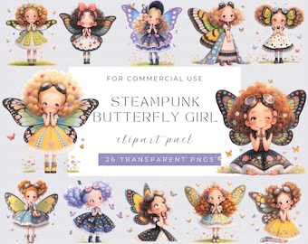 Clipart de chica mariposa steampunk: PNG de acuarela para revistas basura (descarga digital)