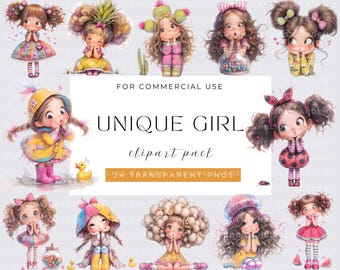 Quirky Girl Clipart, Watecolor Whimsical Girl, Funny girl, Watercolor PNGs, Instant Download, Fantasy Junk Journal, Paper Craft, Cute Girl