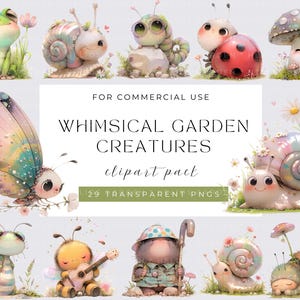 Clipart créatures du jardin - Clipart animaux du jardin, graphiques de jardin printanier, fleurs de jardin Png, jardin fantaisiste Png, image numérique instantanée