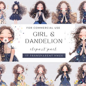 Cute Girls and dandelion Clipart Quirky Girl Kawaii Digital Download Adorable Girl Illustrations Characters for Crafting Design