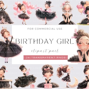 Birthday Girls Clipart Party Clipart Printable Watercolour clipart Quirky Girl PNG Paper craft junk journals, Birthday Clipart Balloons