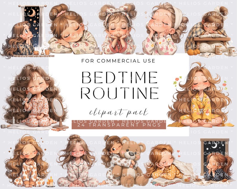 Bedtime Routine Girl Clipart: Cozy Pajamas, Sleepover Decor (digital ...