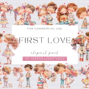 Erste Liebe Clipart, Aquarell kleines verliebtes Paar, Cartoon Liebe, Junk Journaling, Scrapbook, Kartenherstellung, wunderliche Liebe