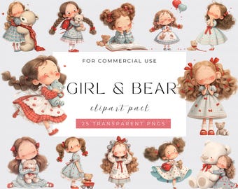 Clipart de niña en acuarela, niña caprichosa y oso PNG (Animales) (Descarga digital)