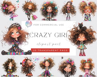 Watercolor cute Girl Clipart: Whimsical Girl clipart PNGs for Junk Journals (Digital Download)