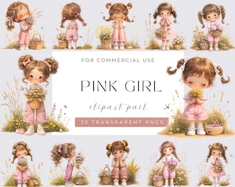 Pink Girls Clipart: Kawaii Girl Illustrations for Crafting (Digital Download)