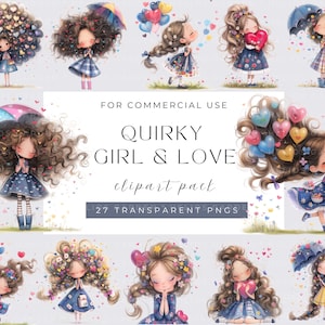 Quirky Girl and love Clipart, Watecolor Whimsical love Girl, Watercolor PNGs, Instant Download, Fantasy Junk Journal, Paper Craft, Cute Girl