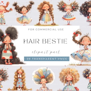 Quirky Girl Clipart, Watecolor Whimsical Hair Girl, Watercolor PNGs, Instant Download, Fantasy Junk Journal, Paper Craft, Cute Girl