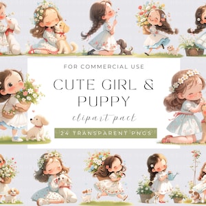 Girl and puppy Clipart, Watecolor Whimsical Girl, Funny girl, Quirky girl PNGs, Cute puppy, Download, Junk Journal, Paper Craft, Cute Girl
