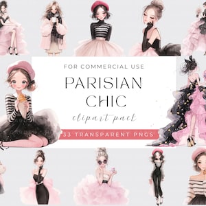 Puede incluir: Un paquete de imágenes prediseñadas digitales titulado "PARISIAN CHIC" con ilustraciones en acuarela de mujeres de moda en varias poses. Las imágenes muestran vestidos elegantes, boinas y atuendos elegantes, perfectos para proyectos de arte digital. El paquete incluye 33 PNG transparentes.