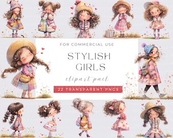 Clipart aquarelle fille élégante : lot PNG pour les journaux indésirables (téléchargement numérique)