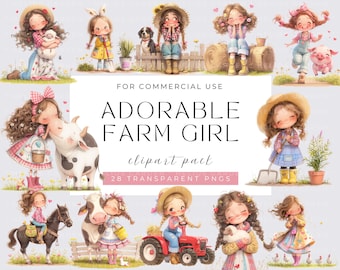 May include: A collection of watercolor clipart featuring adorable farm girls with animals and farm elements. The text reads "ADORABLE FARM GIRL clipart pack" with "28 TRANSPARENT PNGS" below. The illustrations include girls with a pig, cow, sheep, and a tractor.