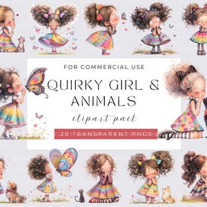 Quirky Girl with Animal Clipart, Commercial Use, Whimsical Ephemera, Watercolor PNGs, Instant Download, Fantasy Junk Journal, Paper Craft