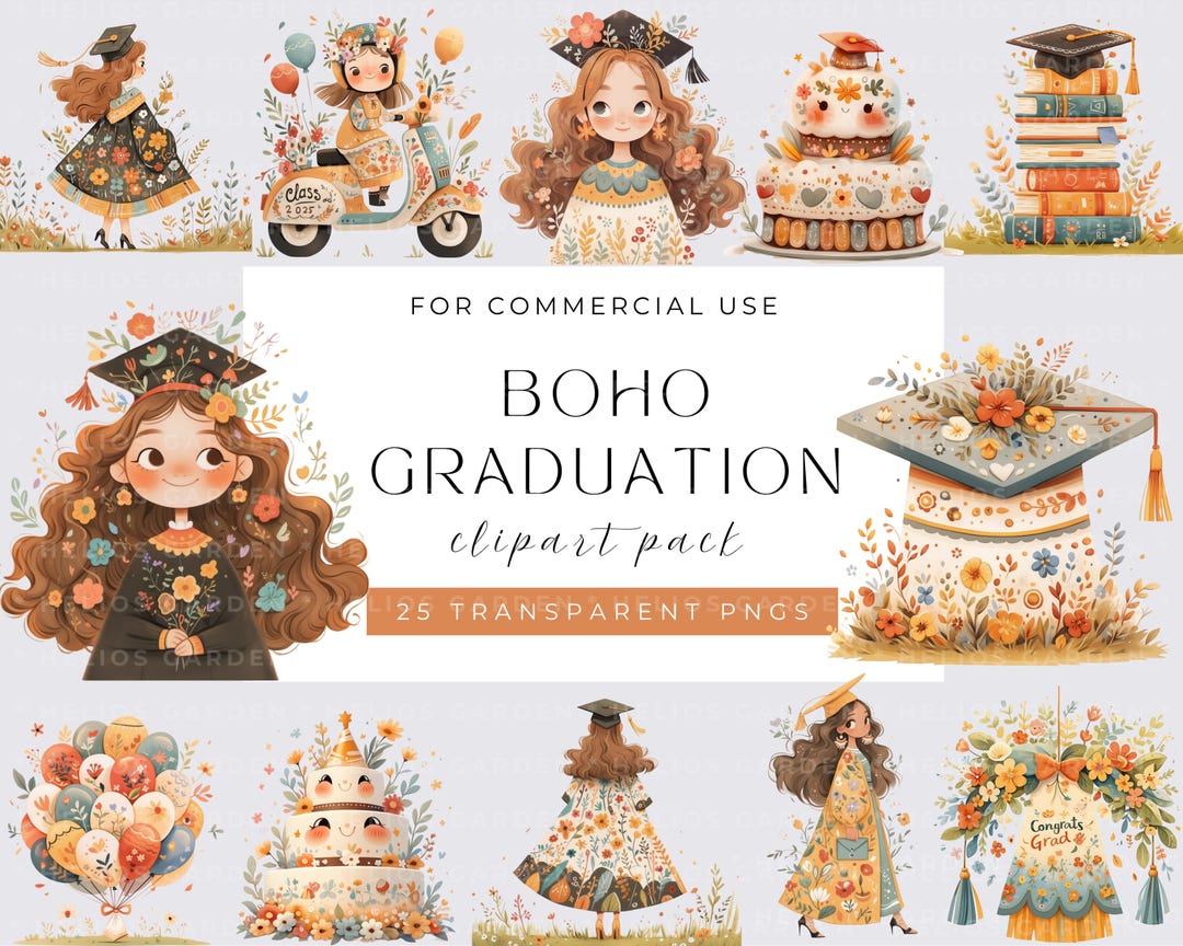 Watercolor Boho Graduation Collection Clipart, PNG Grad Floral Clipart ...