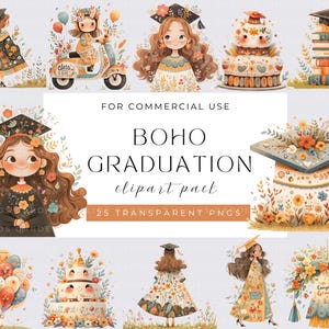 Aquarell Boho Graduation Collection Clipart, PNG Grad Blumen Clipart, Graduation Caps Clipart, Diplom Clipart, kommerzielle Nutzung