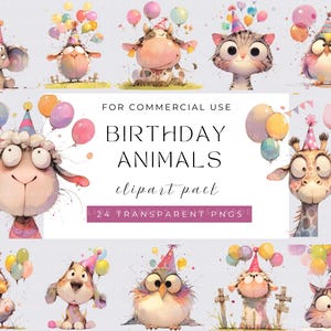 Schrullig Geburtstag Tiere Clipart PNG, wunderliche Tiere für Baby Sublimation Clip Art Tiere und Luftballons Kinderzimmer Clipart Geburtstag Clipart
