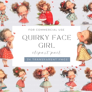 Quirky Face Girls Clipart Quirky Girl Kawaii Digital Download Adorable Girl Illustrations Characters for Crafting Design Digital Craft