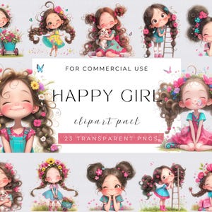 Happy Girl Clipart, Watercolor Whimsical Girl, Funny girl, Quirky girl, Watercolor PNGs, Instant Download, Fantasy Junk Journal, Cute Girl