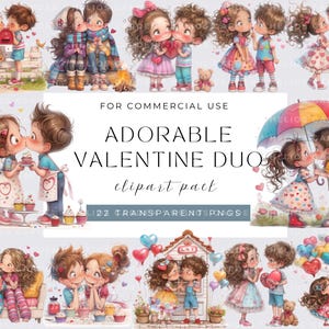 Valentines clipart, Watercolor Adorable Valentines Duo, Cartoon Valentines, Junk Journaling, Scrapbook, Card Making, Whimsical Love