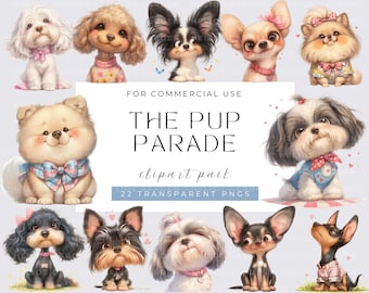 Watercolor cute dog Clipart Funny Dog Puppy parade Whimsical Dog Playful Pet Illustrations and Cute Dog Accessories Digital Craft