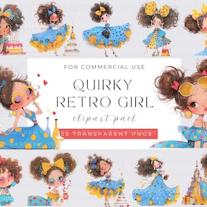 Quirky Girl Clipart, Watecolor Whimsical Girl, Watercolor Party girls PNGs, Instant Download, Fantasy Junk Journal, Paper Craft, Cute Girl