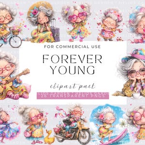 Aquarelle décalée senior clipart, grand-mère vieille dame Clipart Bundle Forever young Télécharger papier artisanat indésirable Journal Scrapbooking