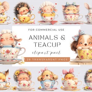 Watercolor Animals and Teacup Clipart, Teacup Watercolor, Cute Animals Clipart, Adorable Animal Clipart, Teacup PNG, Animals clipart
