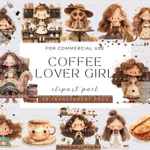以下が含まれることがあります： 「Coffee Lover Girl」というタイトルのデジタルクリップアートパック。コーヒー関連のアイテムを持つ漫画の女の子の様々なイラストが特徴です。画像には、コーヒーカップ、コーヒー豆、カフェのシーンを持つ女の子が含まれています。このパックは商用利用向けで、39個の透明PNGが含まれています。