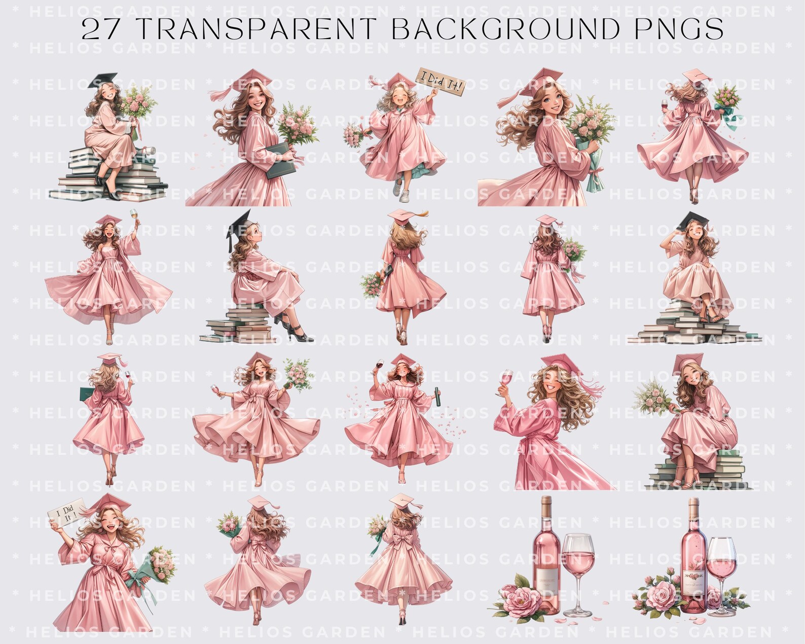 Watercolor Pink Graduation Collection Clipart, PNG Grad Floral Clipart ...
