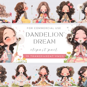 Flower Girls and dandelion Clipart Quirky Girl Kawaii Digital Download Adorable Girl Illustrations Characters for Crafting Design