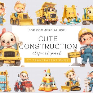 Clipart de aquarela de construção - Veículo de construção para crianças - Festa de aniversário infantil, temas de berçário, animais fofos, comercial