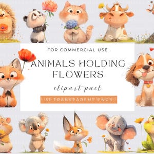 花を持つ水彩画の動物 クリップアートバンドル 風変わりな動物アート ロマンチックな動物 気まぐれな動物 面白い動物 幸せな動物