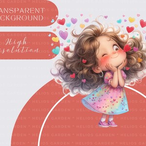 Puede incluir: Ilustraci&oacute;n digital de una ni&ntilde;a gui&ntilde;ando un ojo rodeada de corazones coloridos. Lleva un vestido rosa con un estampado de corazones arco&iacute;ris y zapatillas rosas. La imagen contiene el texto "Transparent Background" y "High resolution".