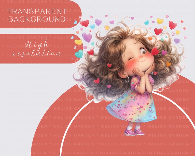 Puede incluir: Ilustraci&oacute;n digital de una ni&ntilde;a gui&ntilde;ando un ojo rodeada de corazones coloridos. Lleva un vestido rosa con un estampado de corazones arco&iacute;ris y zapatillas rosas. La imagen contiene el texto "Transparent Background" y "High resolution".