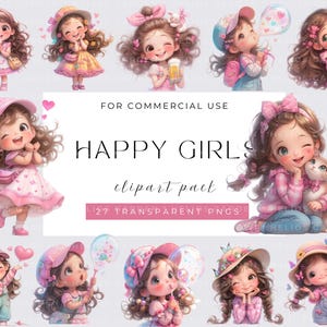 Happy Girl Clipart, Watecolor Whimsical Girl, Watercolor PNGs, Instant Download, Fantasy Junk Journal, Paper Craft, Cute Girl