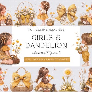 Quirky Girls and dandelion Clipart Quirky Girl Kawaii Digital Download Adorable Girl Illustrations Characters for Crafting Design