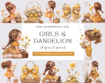 Quirky Girls and dandelion Clipart Quirky Girl Kawaii Digital Download Adorable Girl Illustrations Characters for Crafting Design