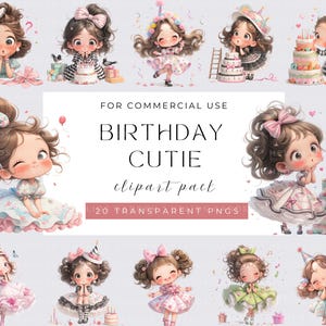 Birthday little Girls Clipart Party Clipart Printable Watercolour Birthday Girl PNG Paper craft junk journals, Birthday Clipart Balloons