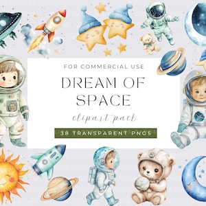 Watercolor Space Clipart Bundle, Astronaut Nursery Clipart, Astronaut Spaceship, UFO, Rocket Clipart, Stars and Moon PNG, Instant Download