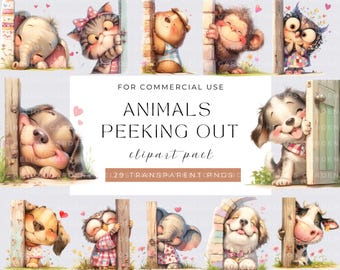 May include: A set of 10 digital clipart images featuring various animals peeking out from behind doors or walls. The animals are illustrated in a cartoon style with bright colours and playful expressions. The images are perfect for creating greeting cards, invitations, scrapbook pages, and other craft projects.
