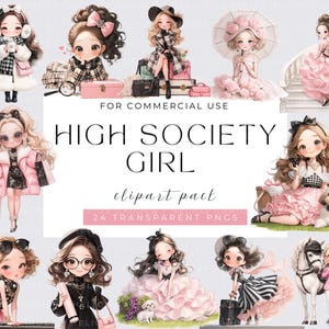 Quirky Girl Clipart, Watecolor High society Girl, Watercolor PNGs, Instant Download, Fantasy Junk Journal, Paper Craft, Cute Girl