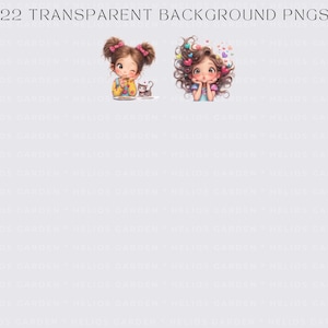 Puede incluir: Ilustraciones digitales de dos chicas de dibujos animados con ojos grandes y accesorios para el cabello coloridos. Una est&aacute; comiendo, la otra apoya la barbilla en las manos. El texto "22 TRANSPARENT BACKGROUND PNGS" est&aacute; en la parte superior.
