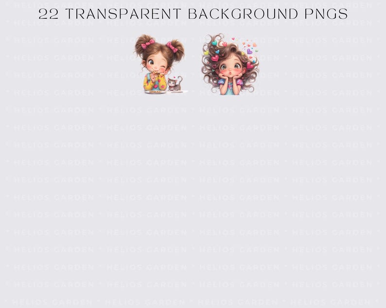 Puede incluir: Ilustraciones digitales de dos chicas de dibujos animados con ojos grandes y accesorios para el cabello coloridos. Una est&aacute; comiendo, la otra apoya la barbilla en las manos. El texto "22 TRANSPARENT BACKGROUND PNGS" est&aacute; en la parte superior.