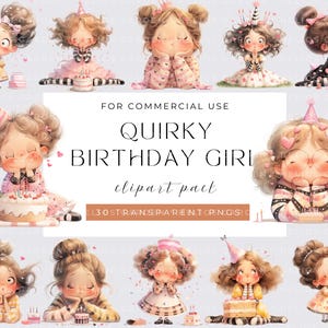 Quirky Birthday Girls Clipart Party Clipart Printable Watercolour clipart High Quality PNG Paper craft junk journals, Birthday Balloons